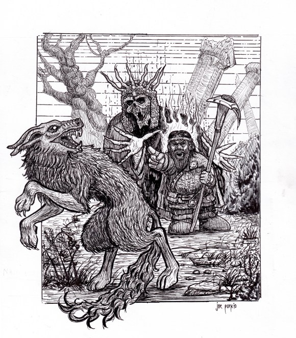 Hand-drawn black and white pen-and-ink illustration of a dwarf using a cursed item to banish a werewolf, inspired by Tolkien and dark fantasy. Features detailed line work, high contrast, and traditional fantasy/horror elements. Artwork by illustrator Joe Porkio.