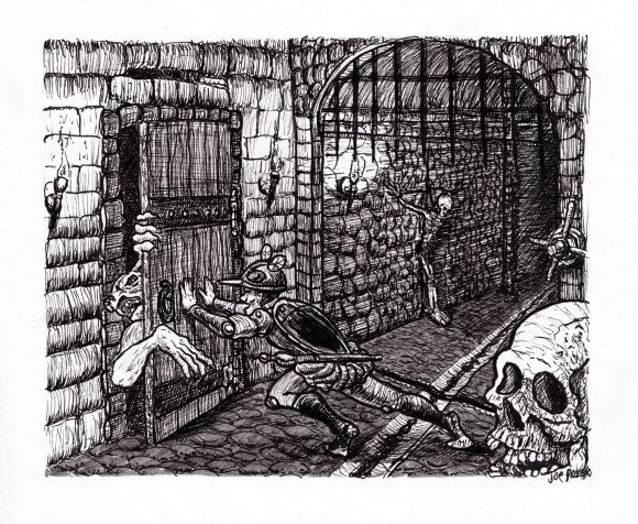 Hand-drawn black and white pen-and-ink illustration of a hero trying to escape a beast in a dungeon, inspired by old-school ttrpgs. Features detailed line work, high contrast, and traditional fantasy/horror elements. Artwork by illustrator Joe Porkio.