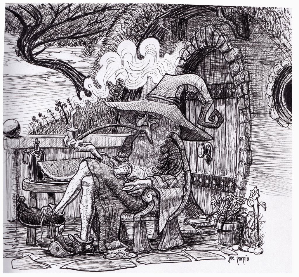 Hand-drawn black and white pen-and-ink illustration of Gandalf relaxing in the Shire, inspired by Tolkien, Lord of the Rings. Features detailed line work, high contrast, and traditional fantasy elements. Artwork by illustrator Joe Porkio.
