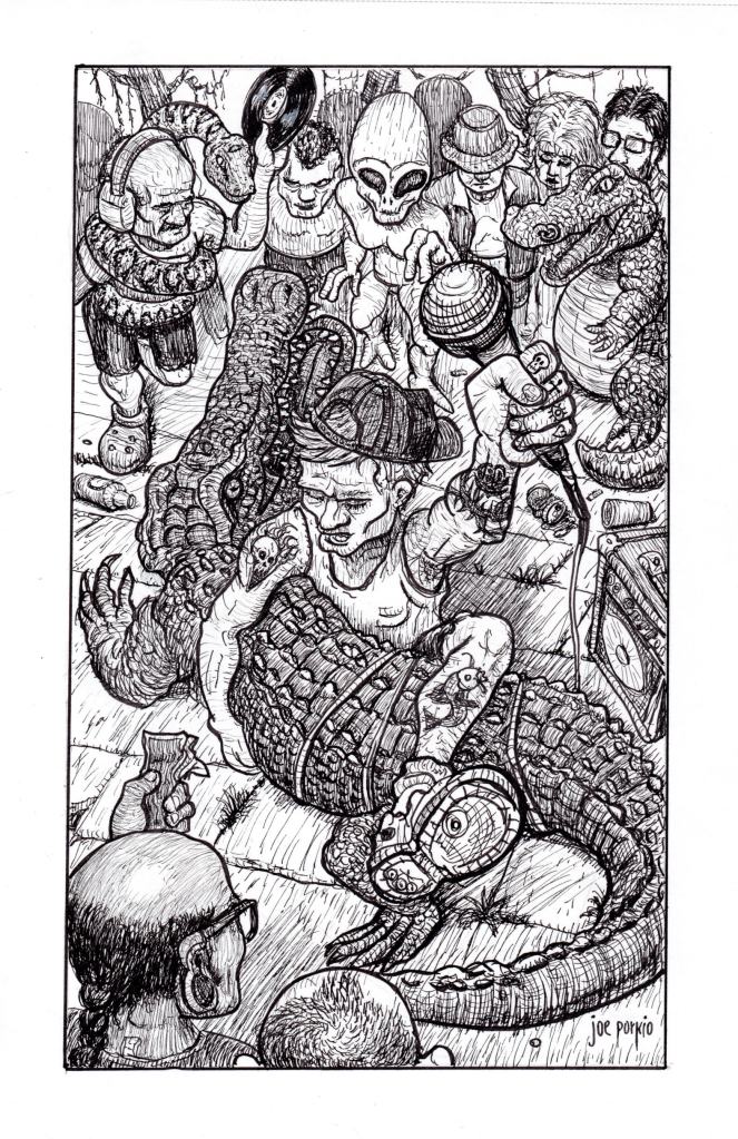 Human made hand drawn black and white pen-and-ink illustration of a Florida man wrestling an alligator, inspired by Dungeon Crawl Classics. Features detailed line work, high contrast, and traditional elements. Artwork by illustrator Joe Porkio.