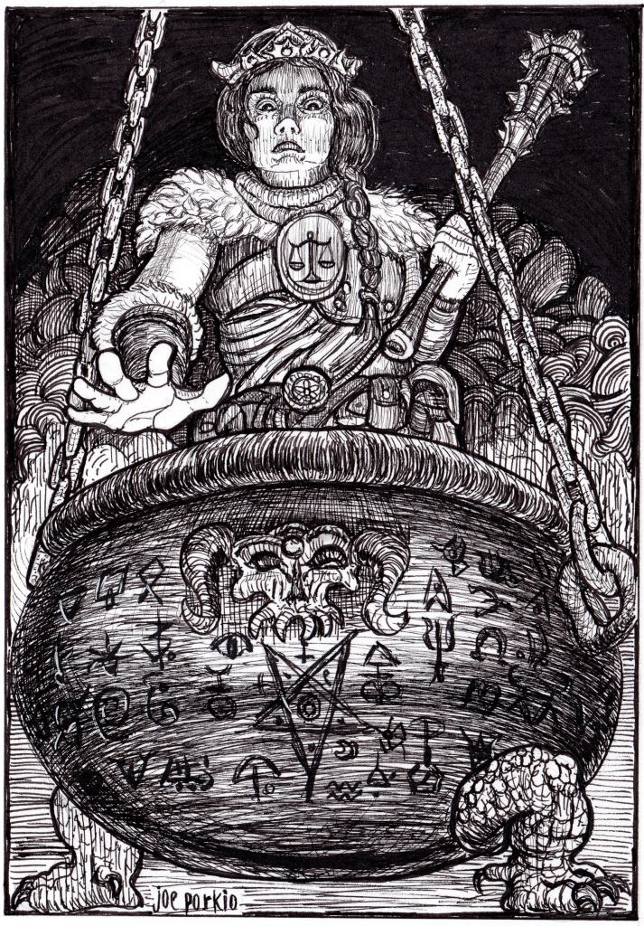 Hand-drawn black and white pen-and-ink illustration of a female cleric examining a cauldron, inspired by dark fantasy and old-school ttrpgs. Features detailed line work, high contrast, and traditional fantasy/horror elements. Artwork by illustrator Joe Porkio.