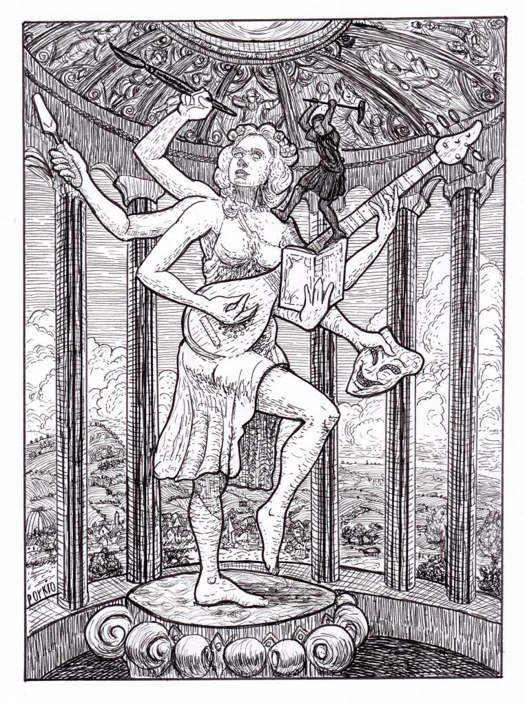 Hand-drawn black and white pen-and-ink illustration of the statue of the Art Goddess about to be vandalized, inspired by classical and historical elements. Features detailed line work, high contrast, and traditional fantasy/horror elements. Artwork by illustrator Joe Porkio.