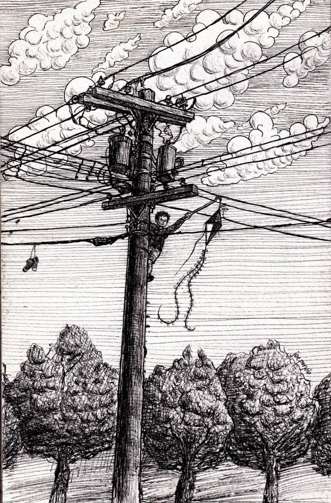 Human made hand drawn black and white pen-and-ink illustration of a boy in a dangerous situation, inspired by golden age illustration. Features detailed line work, high contrast, and traditional elements. Artwork by illustrator Joe Porkio.