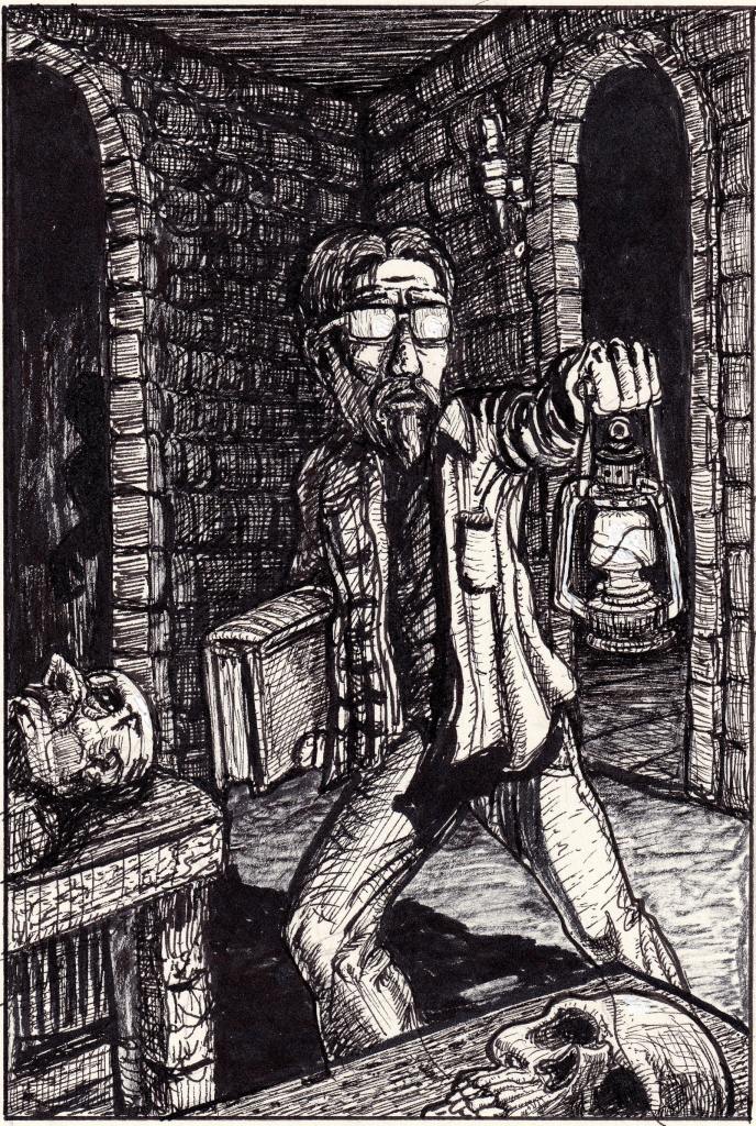 Human made hand drawn black and white pen-and-ink illustration of an investigator witha forbidden tome and a lantern ina a crypt, inspired by Lovecraft and Call of cthulhu RPG. Features detailed line work, high contrast, and traditional horror elements. Artwork by illustrator Joe Porkio.