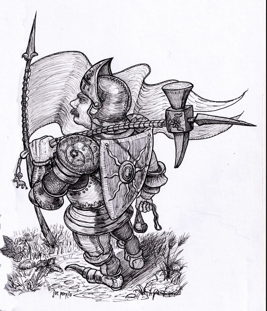 Hand-drawn black and white pen-and-ink illustration of a Lawful Cleric, inspired by Dungeons and Dragons and old-school TTRPGs. Features detailed line work, high contrast, and traditional fantasy elements. Artwork by illustrator Joe Porkio.