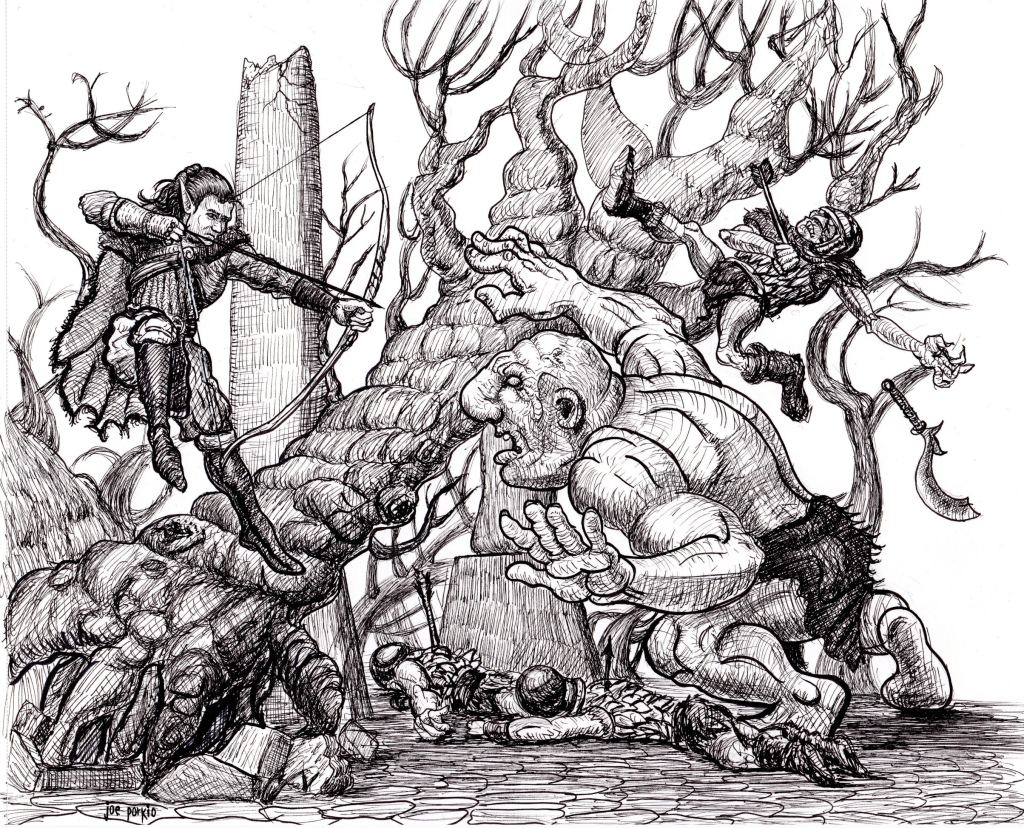 Hand-drawn black and white pen-and-ink illustration of an elven archer fighting a troll, inspired by Tolkien, Lord of the Rings and The One Ring RPG. Features detailed line work, high contrast, and traditional fantasy/horror elements. Artwork by illustrator Joe Porkio.