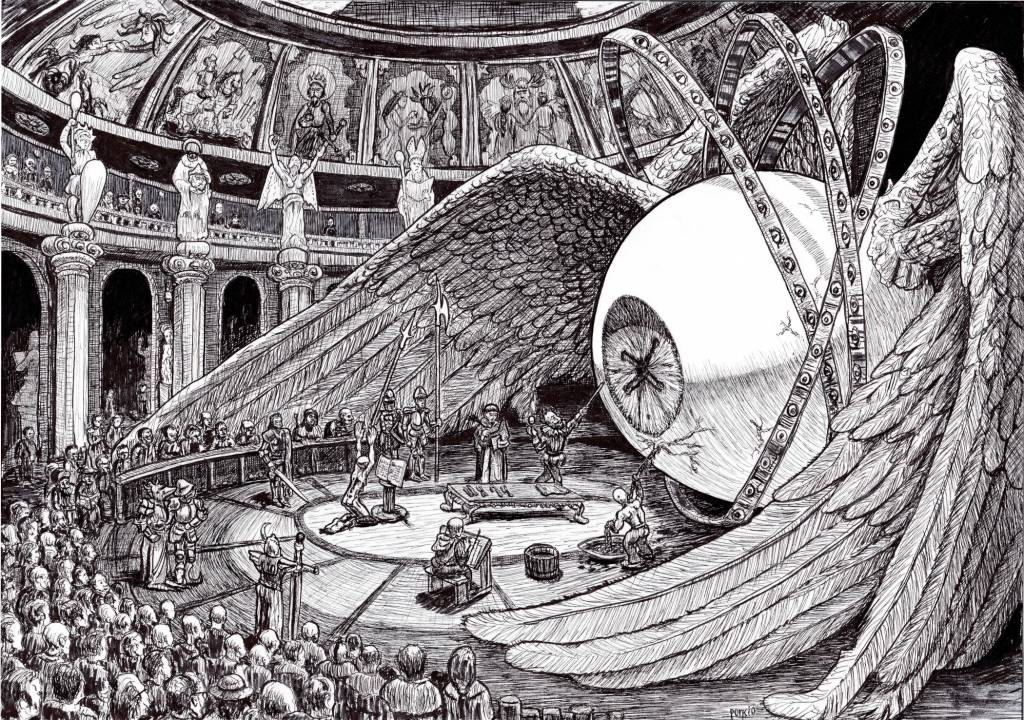 Hand-drawn black and white pen-and-ink illustration of an angel in a cathedral, inspired by gothic horror. Features detailed line work, high contrast, and traditional fantasy/horror elements. Artwork by illustrator Joe Porkio.