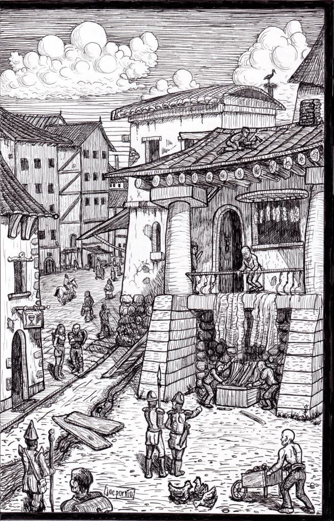 Hand-drawn black and white pen-and-ink illustration of medieval city, inspired by history, Europe, city crawl rpgs. Features detailed line work, high contrast, and traditional fantasy elements. Artwork by illustrator Joe Porkio.