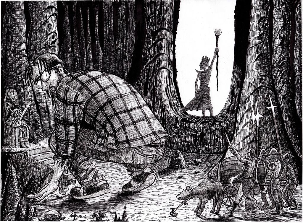 Human made black and white pen-and-ink illustration of a giant in a cave, inspired by Dungeons and Dragons and DCC. Features detailed line work, high contrast, and traditional fantasy/horror elements. Artwork by illustrator Joe Porkio.