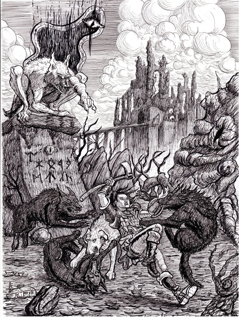 Hand-drawn black and white pen-and-ink illustration of female fighter fighting wolves, inspired by Tolkien, Lord of the Rings and The One Ring. Features detailed line work, high contrast, and traditional fantasy/horror elements. Artwork by illustrator Joe Porkio.