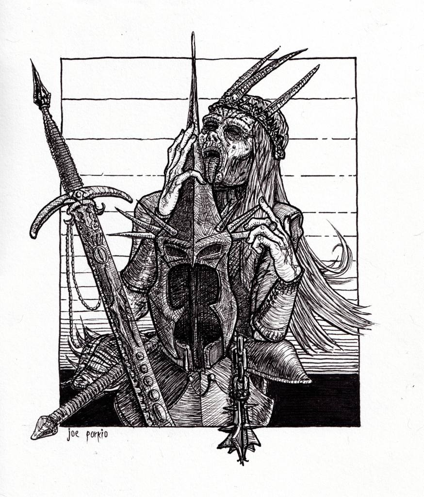Hand-drawn black and white pen-and-ink illustration of the Witchking of Angmar polishing his helm, inspired by Tolkien, dark fantasy and heavy metal. Features detailed line work, high contrast, and traditional fantasy/horror elements. Artwork by illustrator Joe Porkio.