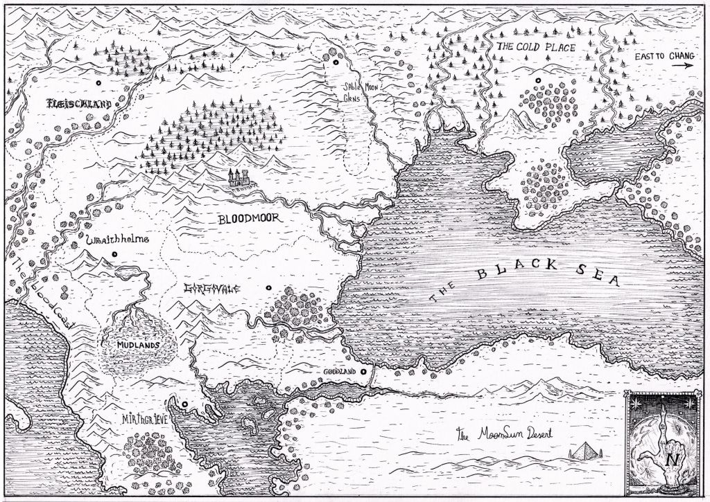 Hand-drawn black and white pen-and-ink map of Bloodmoore, inspired by Tolkien, Lord of the Rings and The one Ring RPG. Features detailed line work, high contrast, and traditional fantasy/horror elements. Artwork by illustrator Joe Porkio.