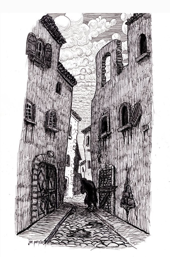 Hand-drawn black and white pen-and-ink illustration of a shady figure in a dark alley, inspired by sword and sorcery and city crawl rpgs. Features detailed line work, high contrast, and traditional fantasy/horror elements. Artwork by illustrator Joe Porkio.