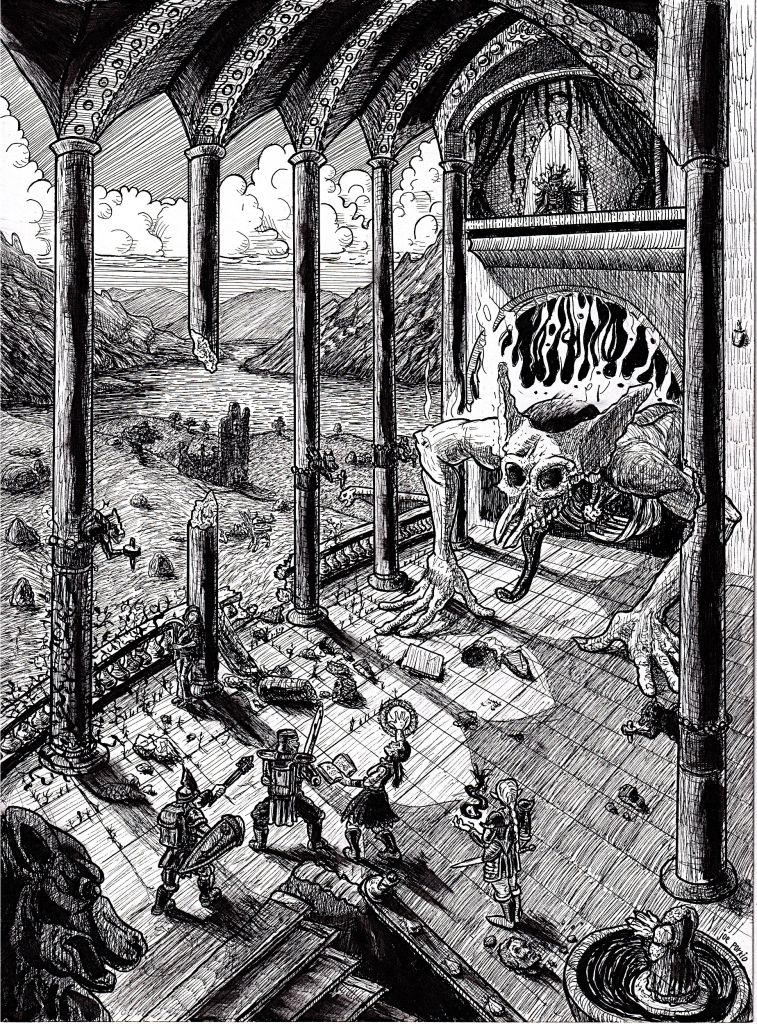 Hand-drawn pen-and-ink illustration of a group of fantasy adventurers confronting a monstrous undead creature in a crumbling palace. Gothic horror atmosphere with high detail and traditional RPG aesthetic. Artwork by illustrator Joe Porkio.