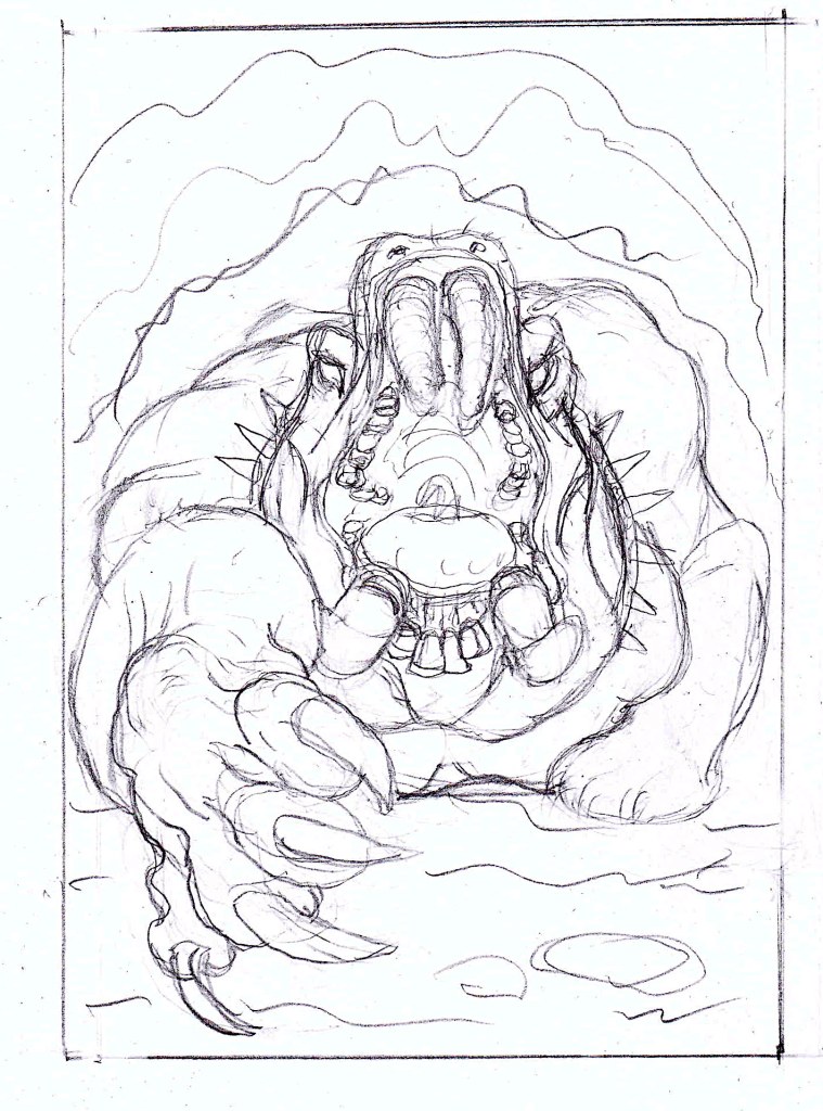 Hand-drawn pencil sketch for a monster inspired by gothic horror. Features, high contrast, and traditional fantasy/horror elements. Artwork by illustrator Joe Porkio.