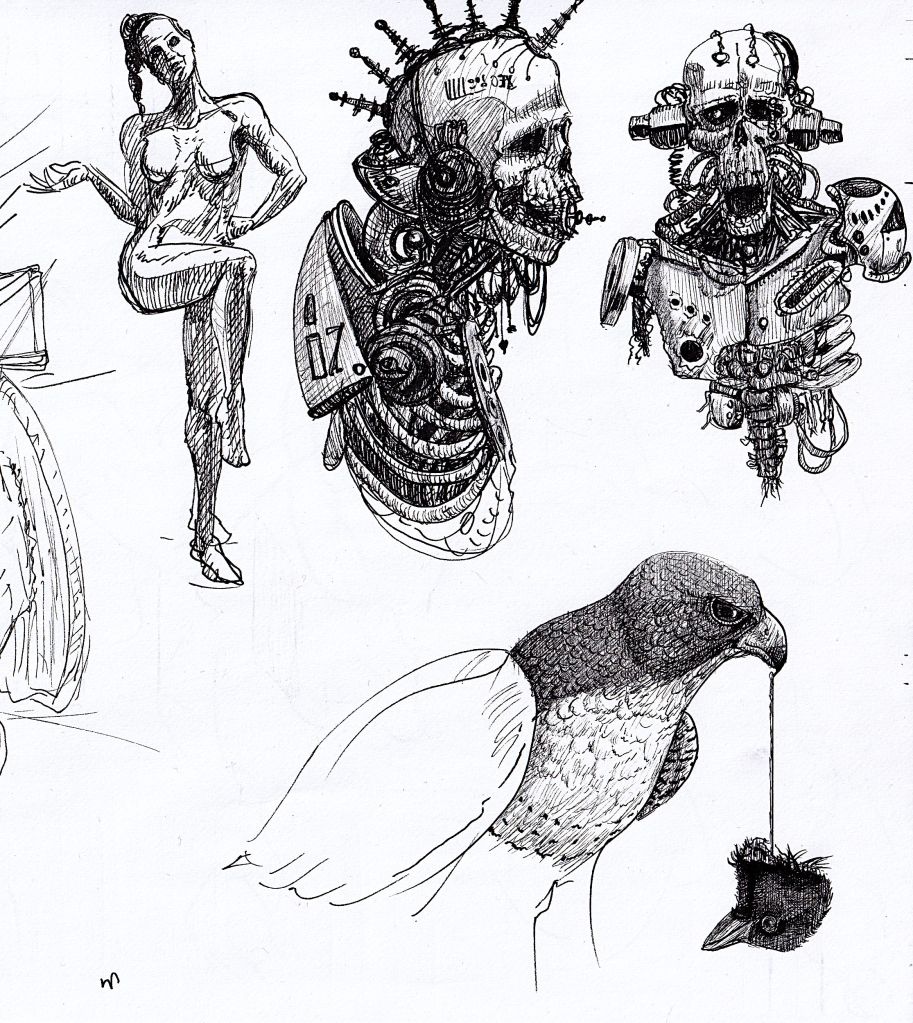 Hand-drawn ink sketch for my sketchbook. Cyberpunk and  gothic horror. Features, high contrast, and traditional fantasy/horror elements. Artwork by illustrator Joe Porkio.