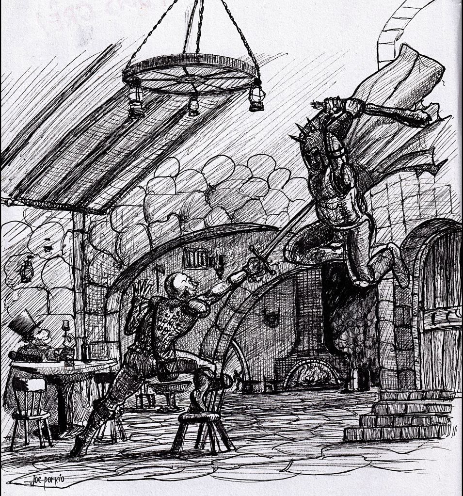 Hand-drawn ink sketch for a tavern scene inspired by fantasy and gothic horror. Features, high contrast, and traditional fantasy/horror elements. Artwork by illustrator Joe Porkio.