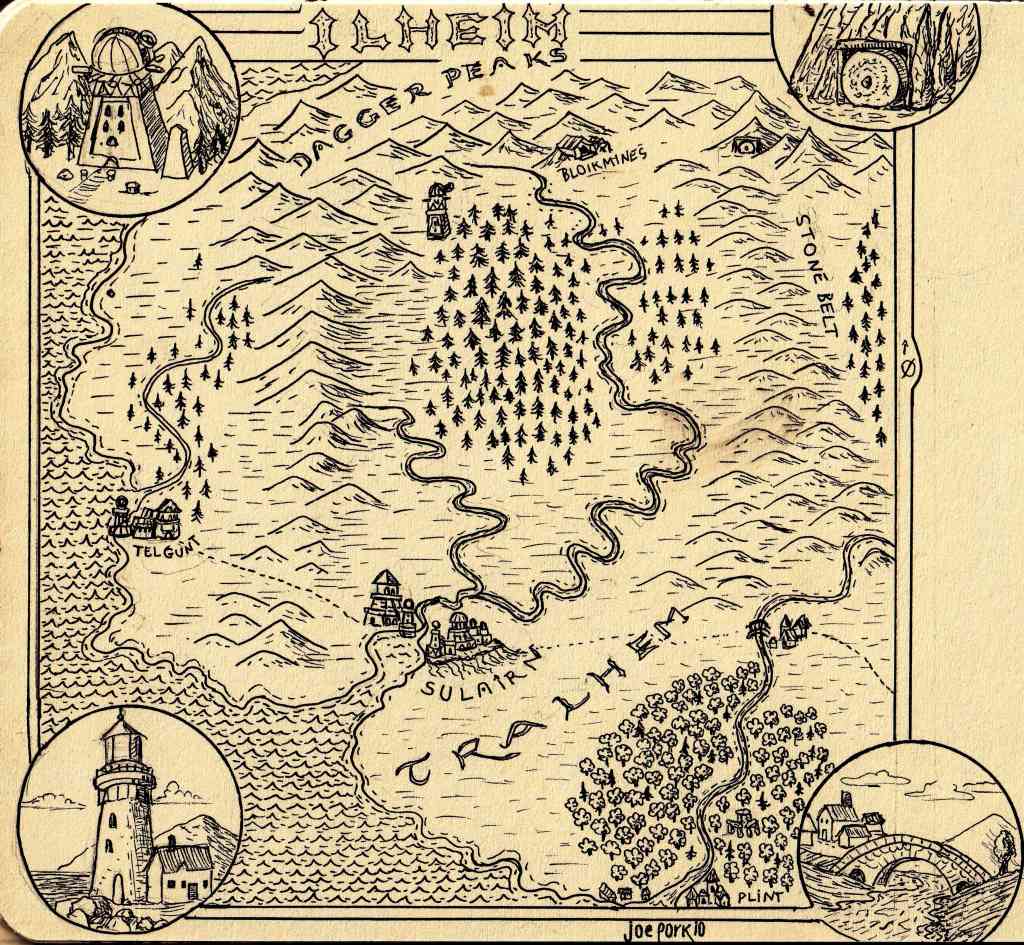 Hand-drawn ink sketch for a map inspired by Tolkien. Features, high contrast, and traditional fantasy/horror elements. Artwork by illustrator Joe Porkio.