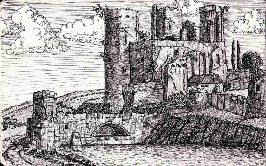 Hand-drawn ink sketch for a castle inspired by fantasy and gothic horror. Features, high contrast, and traditional fantasy/horror elements. Artwork by illustrator Joe Porkio.