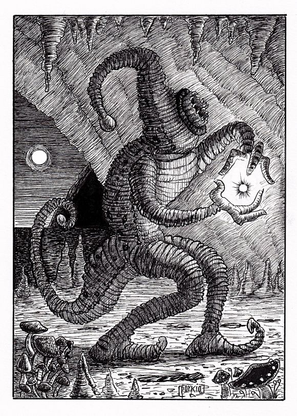 Hand-drawn black and white pen-and-ink illustration of a monster, hideous creature, inspired by gothic horror. and dark fantasy Features detailed line work, high contrast, and traditional fantasy/horror elements. Artwork by illustrator Joe Porkio.