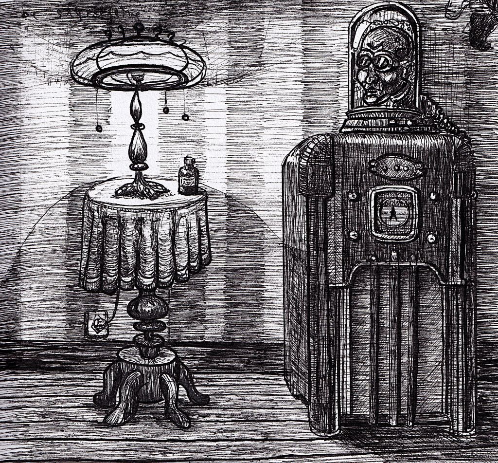 Hand-drawn ink sketch inspired by gothic horror. Features, high contrast, and traditional fantasy/horror elements. Artwork by illustrator Joe Porkio.