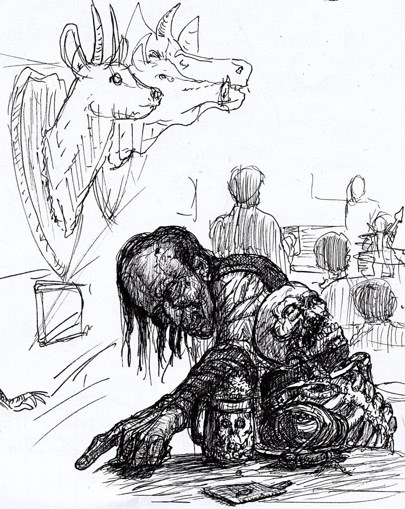 Hand-drawn ink sketch for a tavern scene inspired by fantasy and gothic horror. Features, high contrast, and traditional fantasy/horror elements. Artwork by illustrator Joe Porkio.