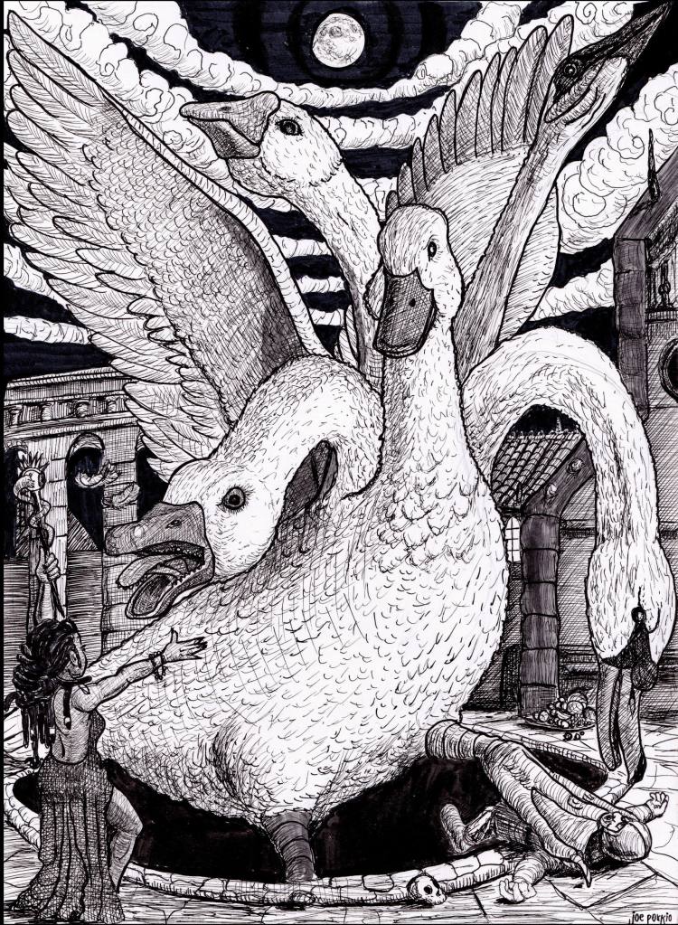 Hand-drawn ink sketch for a monster by fantasy and gothic horror. Features, high contrast, and traditional fantasy/horror elements. Artwork by illustrator Joe Porkio.