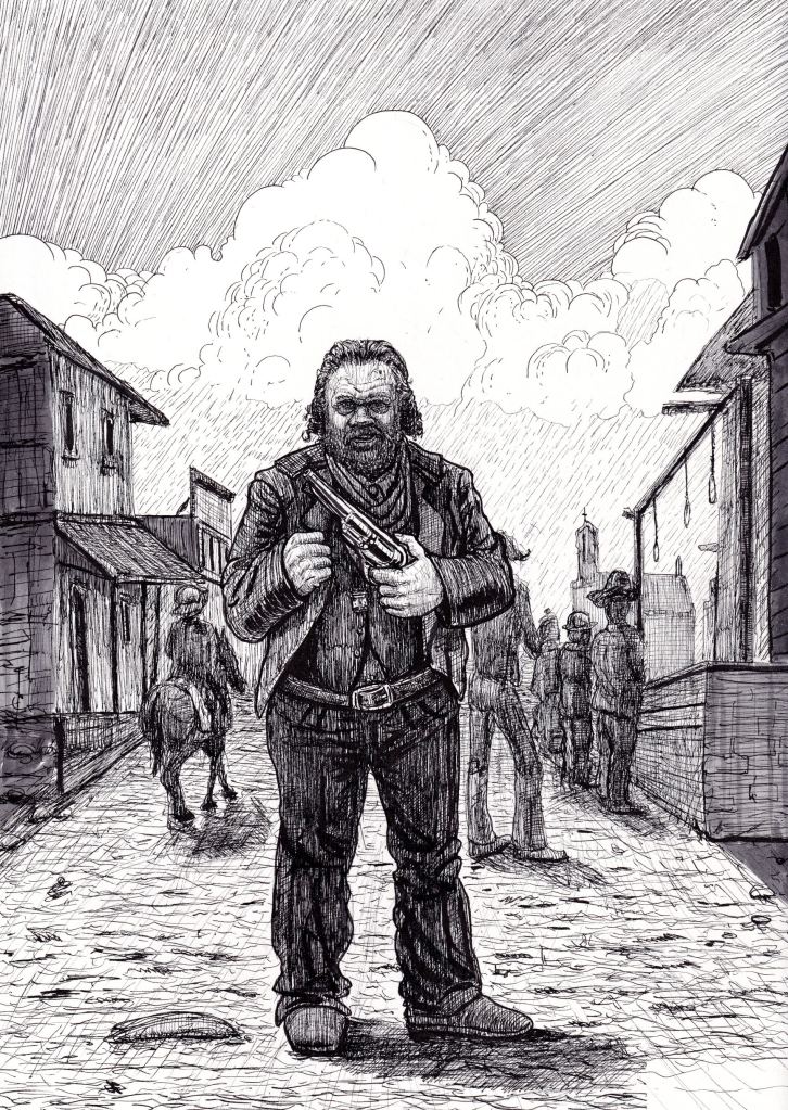 Hand-drawn ink sketch for a western rpg inspired by fantasy and gothic horror. Features, high contrast, and traditional western elements. Artwork by illustrator Joe Porkio.