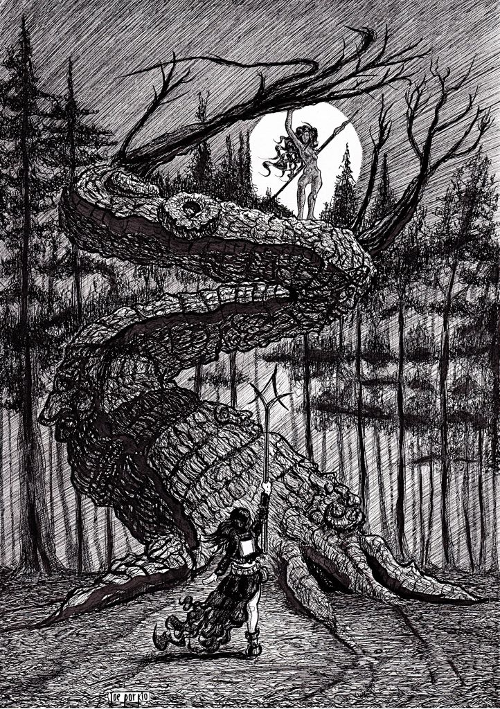 Hand-drawn black and white pen-and-ink illustration of witch, dryad and ancient tree, inspired by folklore, paganism and indie rpgs. Features detailed line work, high contrast, and traditional fantasy/horror elements. Artwork by illustrator Joe Porkio.