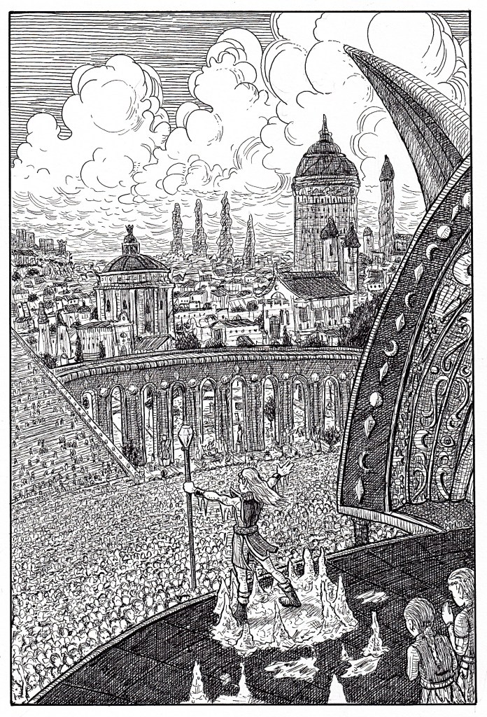 Hand-drawn black and white pen-and-ink illustration of an elf high priest on an amphitheatre stage in front of a huge crowd, you can see the greatness of the city behind the crowd, including towers, spires and an aqueduct., inspired by history, and old-school rpgs. Features detailed line work, high contrast, and traditional fantasy elements. Artwork by illustrator Joe Porkio.