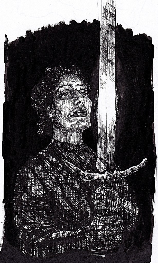 Hand-drawn black and white pen-and-ink illustration of a noble swordman in the dark inspired by dark and historical fantasy. Features detailed line work, high contrast, and traditional fantasy/horror elements. Artwork by illustrator Joe Porkio.