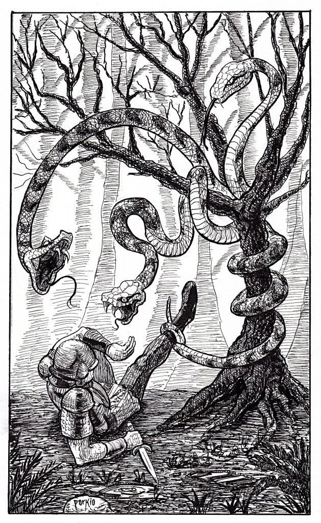 Hand-drawn black and white pen-and-ink illustration of three headed 12 feet long rattler snake attacking a warrior from a small tree Inspired by dnd, and old-school rpgs. Features detailed line work, high contrast, and traditional fantasy/horror elements. Artwork by illustrator Joe Porkio.