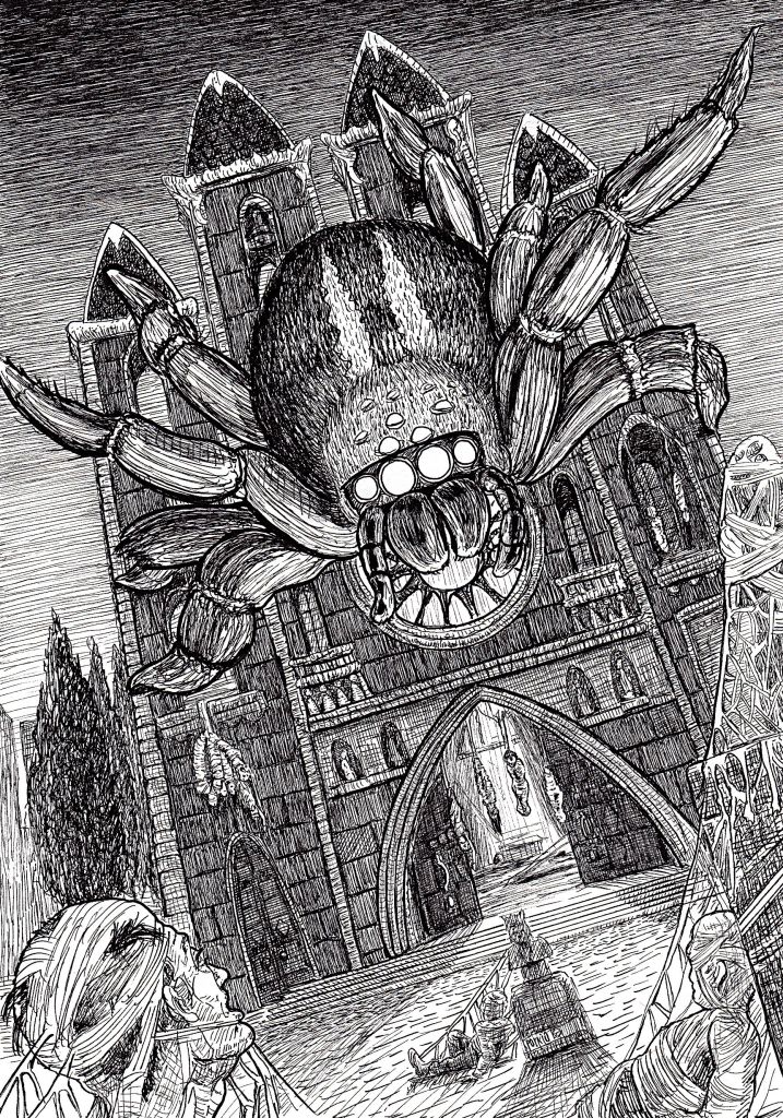 Hand-drawn pen-and-ink illustration of a Giant spider taking over a cathedral. Gothic horror atmosphere with high detail and traditional RPG aesthetic. Artwork by illustrator Joe Porkio.