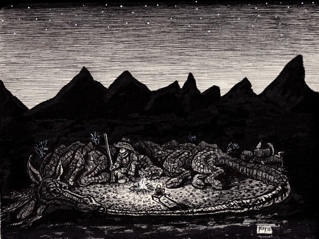 Hand-drawn black and white pen-and-ink illustration of explorers taking a watch turn inside a cricle formed by a fantastical creature, inspired by westerm and folklore. Features detailed line work, high contrast, and traditional fantasy/horror elements. Artwork by illustrator Joe Porkio.